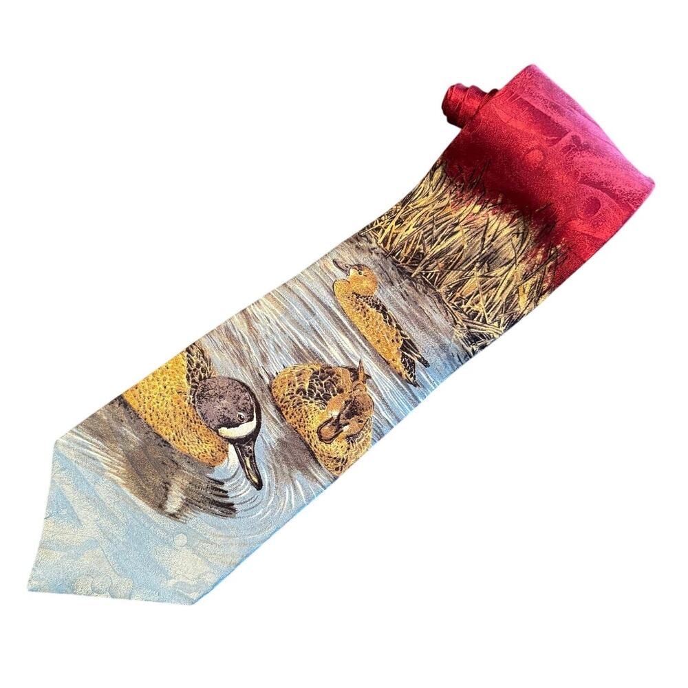 Field & Stream Ducks Designer Tie Men's Silk‎ Necktie Maroon Made in USA